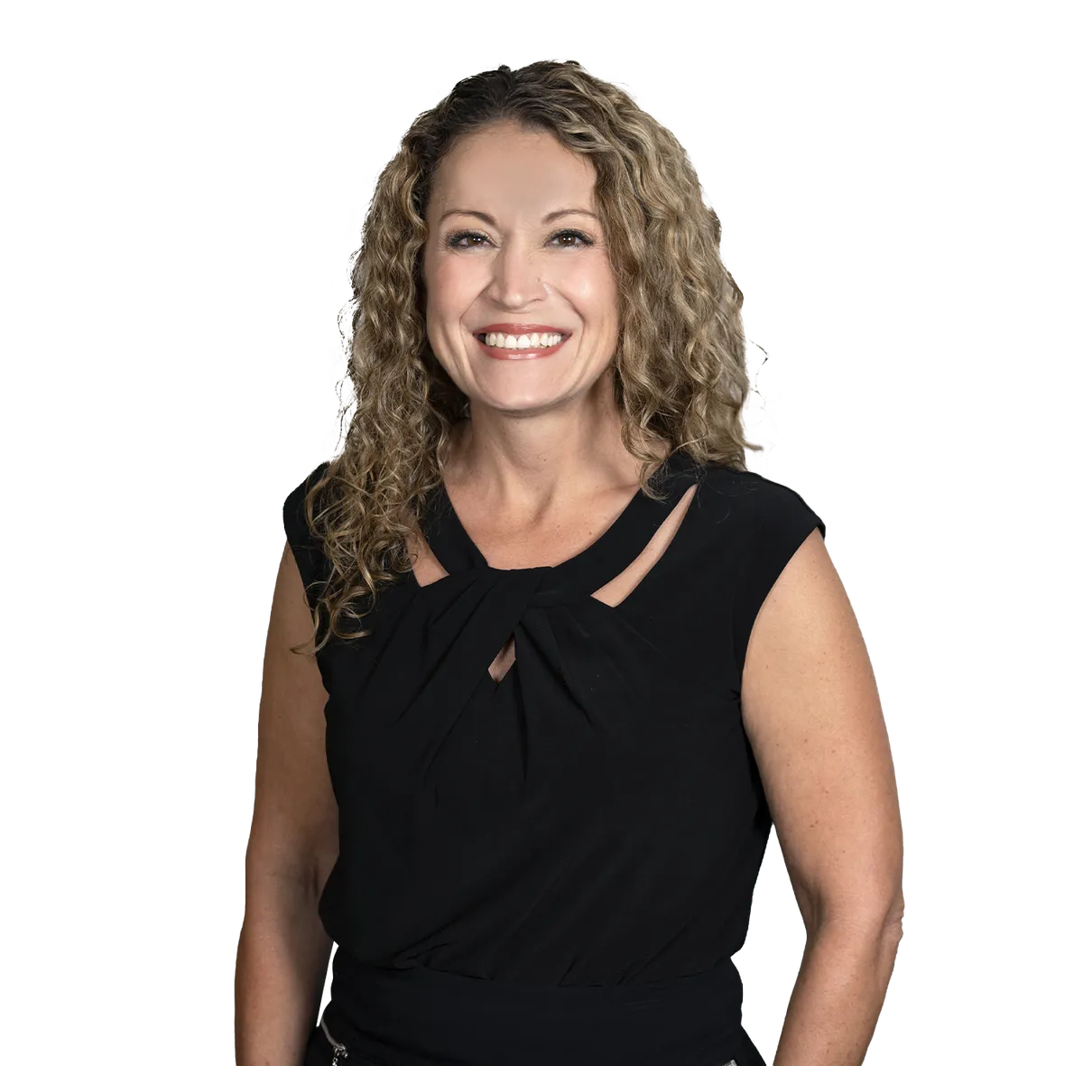Portrait of Nurse Practitioner Rebecca Butcher wearing a sleeveless black top, smiling with a white background