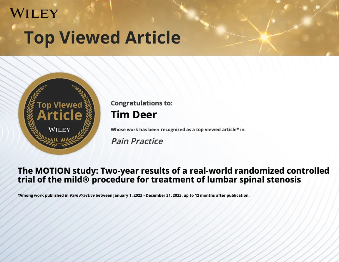 Wiley Top Viewed Article certificate awarded to Tim Deer for the MOTION study published in Pain Practice