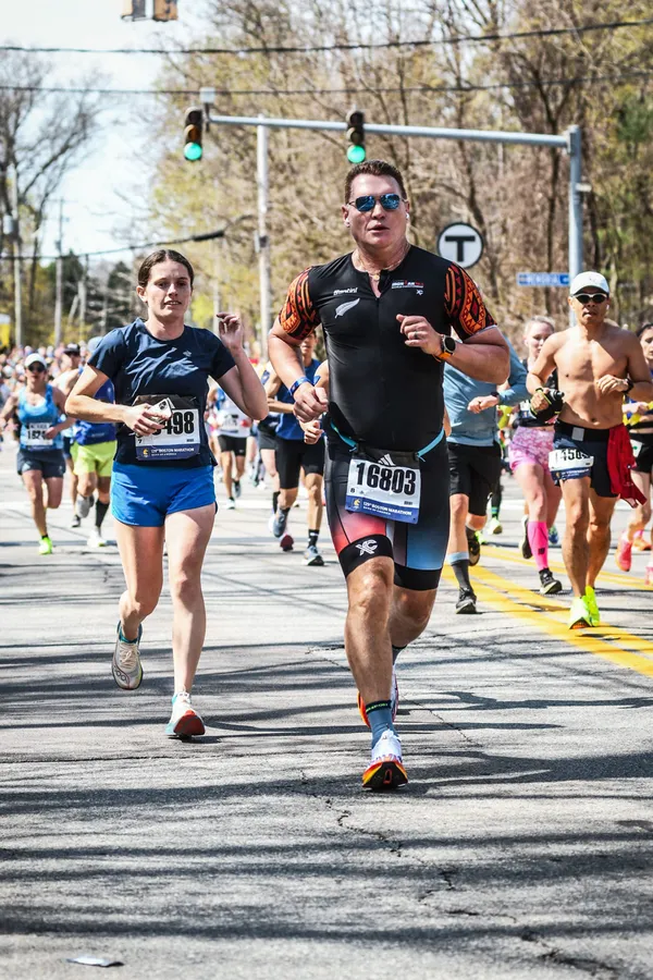 Dr. Timothy Deer, bib 16803, running the 2025 Boston Marathon