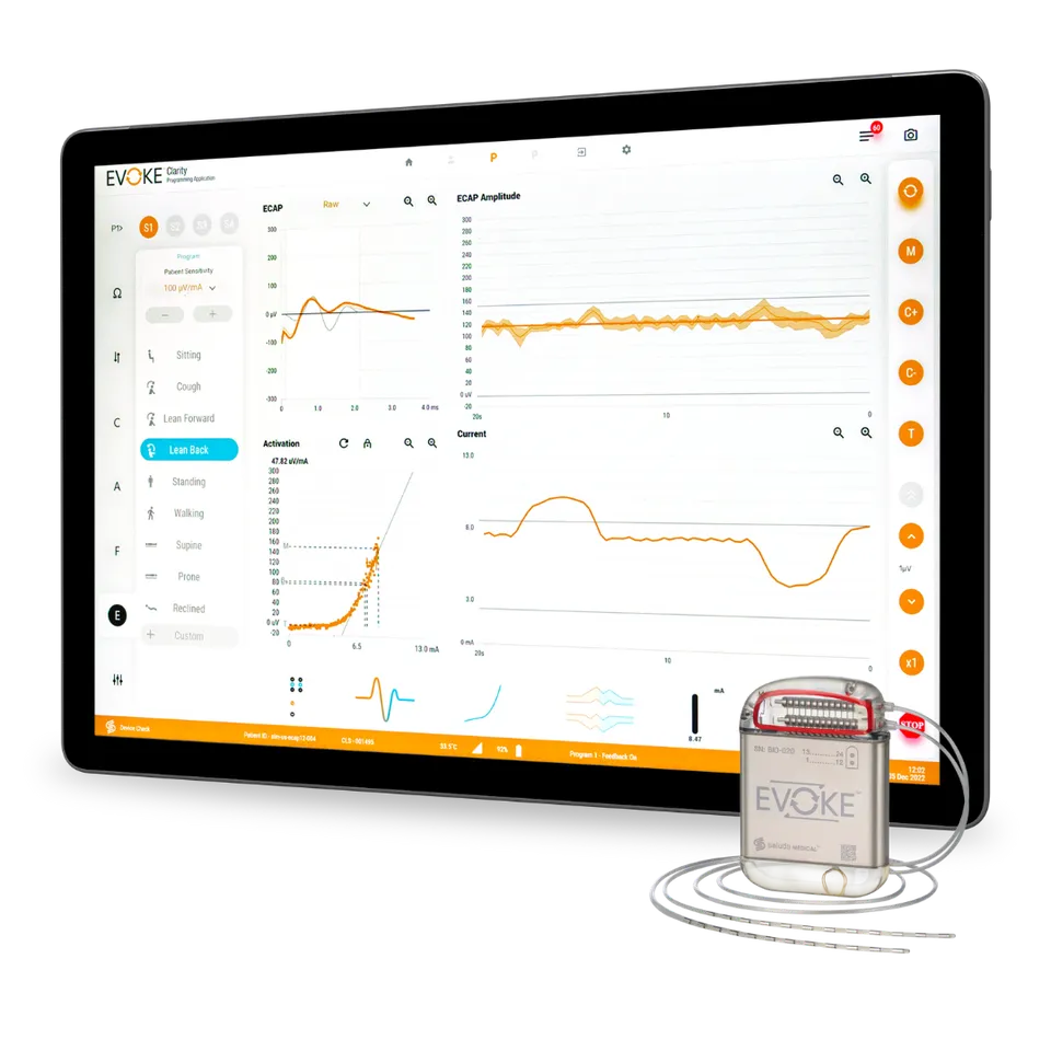 Evoke SmartSCS implantable device with programming tablet displaying real-time spinal cord measurements