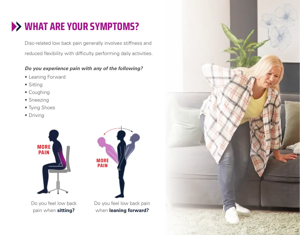 Patient education illustration about disc-related low back pain symptoms